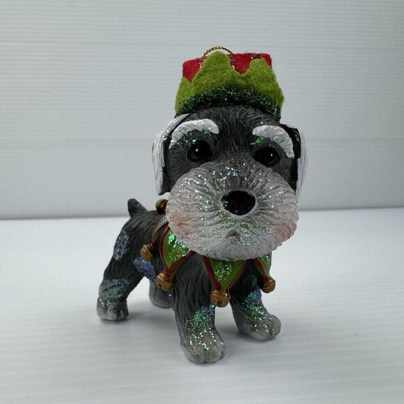 Schnauzer Dog Christmas Ornament - Wearing Santa Elf Hat & Collar - Picture 2 of 12